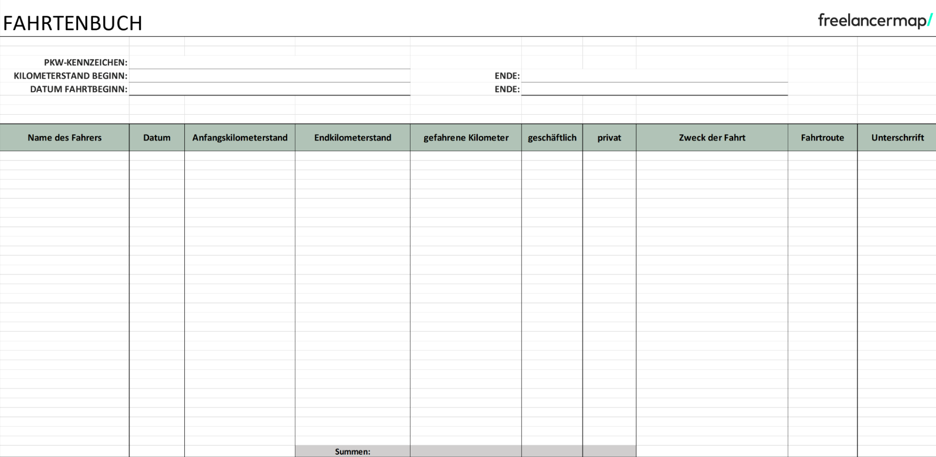 Fahrtenbuch Vorlage kostenloses Muster