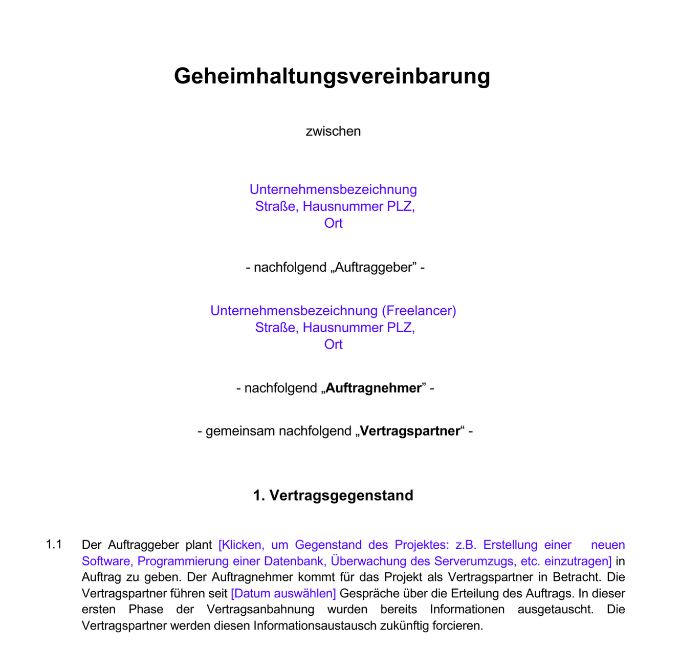 Non Disclosure Agreement (NDA) Geheimhaltungsvereinbarung kostenlose Vorlage