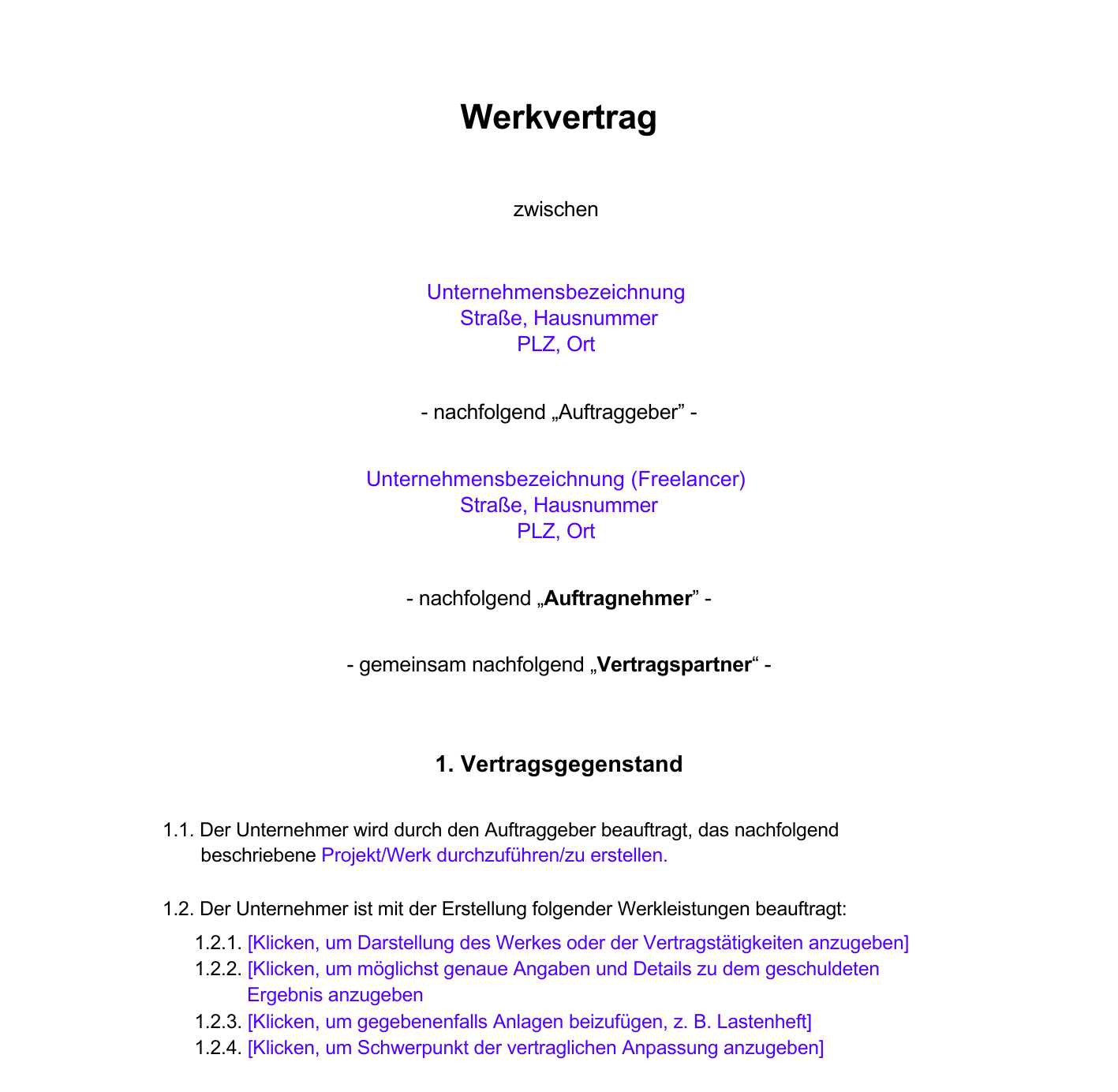 Werkvertrag Beispiel