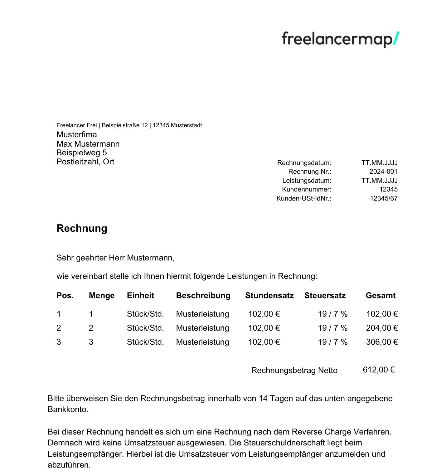 Vorlage/Muster Reverse Charge Rechnung deutsch